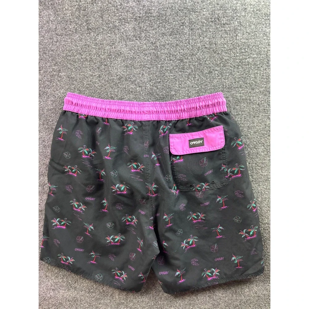 Oakley Swim Trunks Mens Small Black Pink Palm Tree Tropical Board Shorts